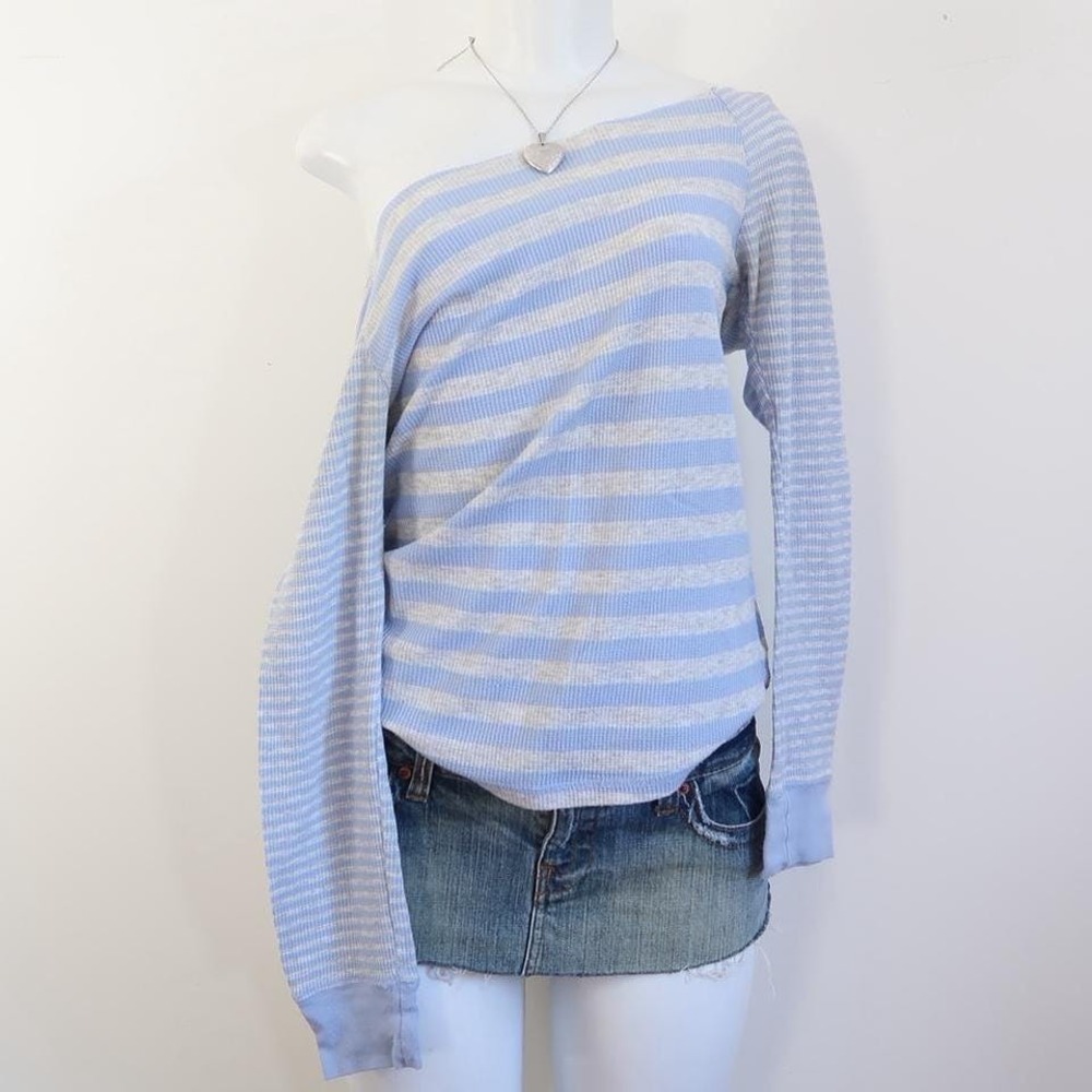 y2k blue striped one shoulder thermal waffle knit top